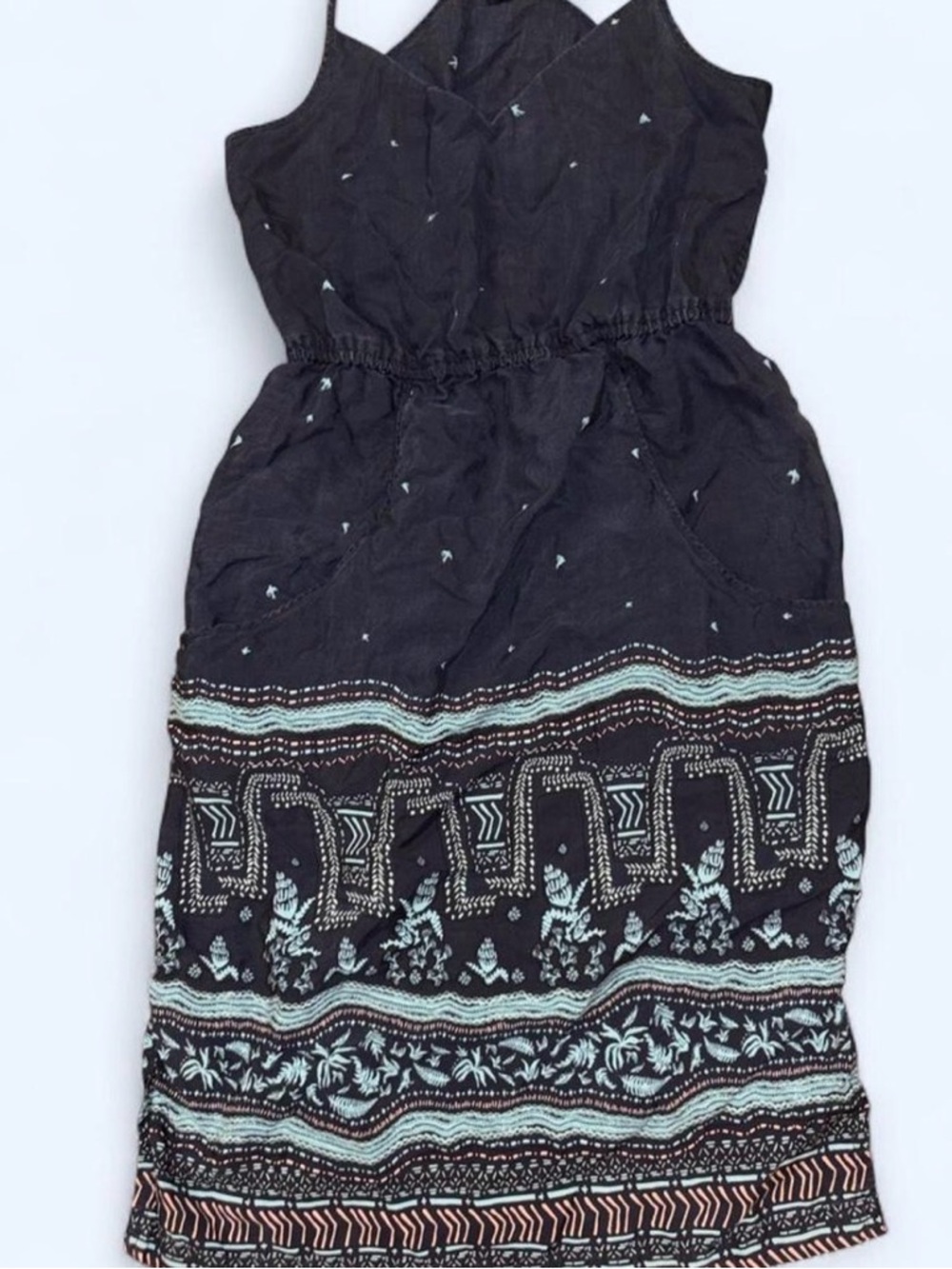 Patagonia Black Dress with Mint and Coral Border Print